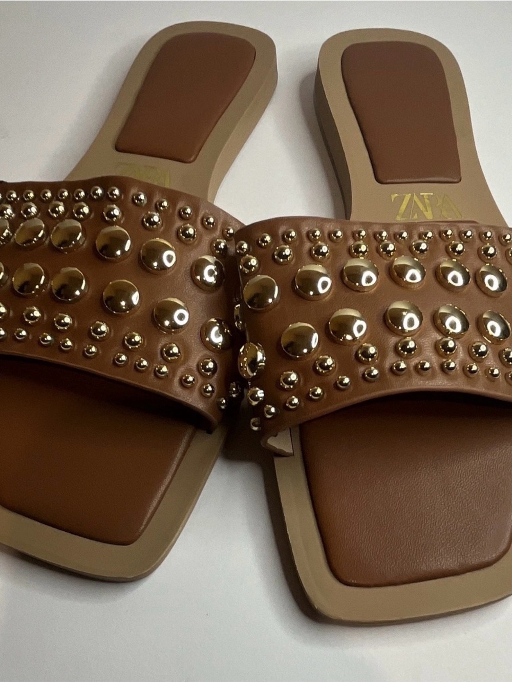 Zara Tan/Brown Studded Slide Mules
